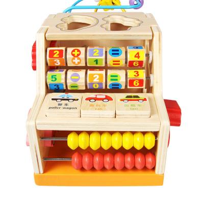 China Eductional Preschool Toys Useful Learning Car Treasure Chest Children's Early Education Puzzle Beaded Digital Wooden Round Shape Bead Matching Toy for sale