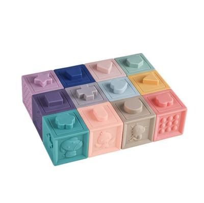 China Eco-friendly Material Toys 12PCS Educational Baby Stacking Constituent Cube Squeeze Silicone Soft Blocks For Kids for sale