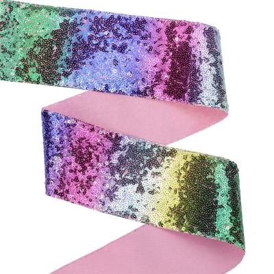 China New Design 3 Inch 75mm Rainbow Sequin High Tenacity Glitter Sequin Lace Fabric Reversible Ribbon for sale