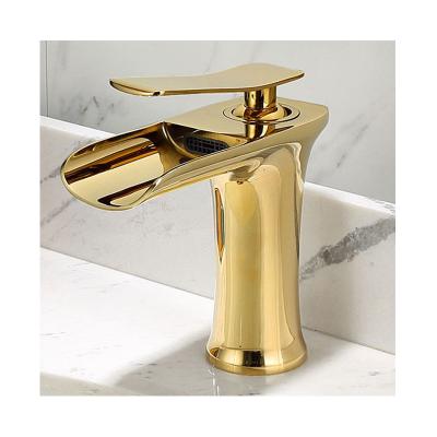 China Copper Thermostatic Single Handle Wide Mouth Faucets Water Mixer Taps Bathroom Basin Faucet Gold Waterfall Cold Hot for sale