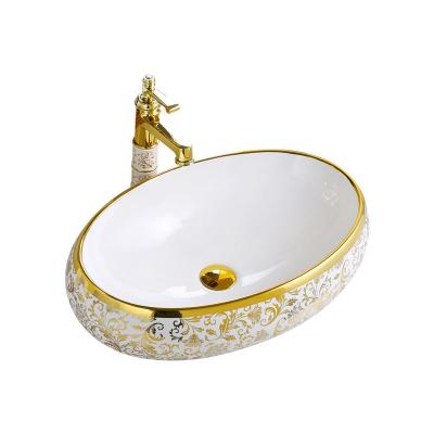 China Modern Lavabo De Bain Moderne Cocina Ceramic Oval Art Basin Luxury Gold Plated Bathroom Sinks for sale