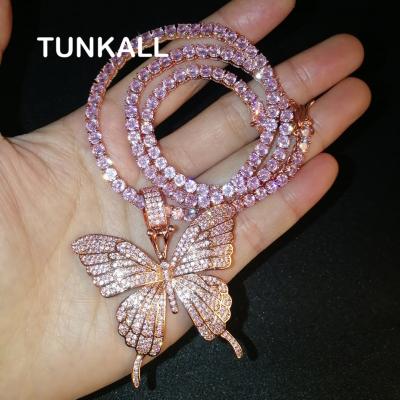 China Hiphop CN111 Rose Butterfly Pendants With Micro Brass Chain Tennis Rope Pave With CZ Bling Bling Mens Necklace Rock Jewelry for sale