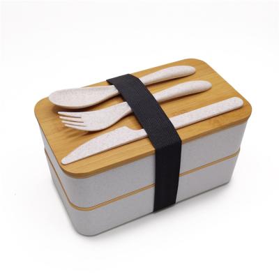 China Mealtime Sustainable Portable Containers Double Layers Leakproof Bamboo Food Lid Lunch Bento Box for sale