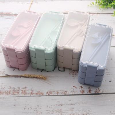 China Three-Layer Sustainable Creative Lunch Box Japanese Wheat Straw Picnic Bento Box Biodegradable Outdoor Storage Box for sale