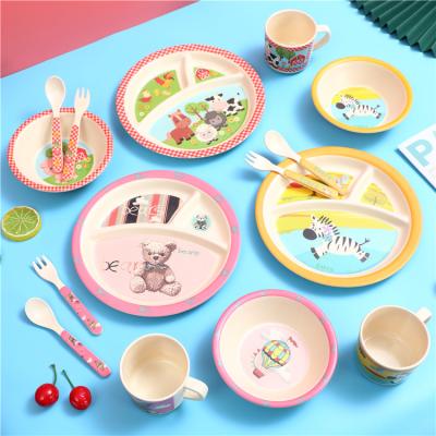 China Eco-friendly Straw Dish Kid Cartoon Painting Dish Camping Tableware Sets Unbreakable Disposable Wheat for sale