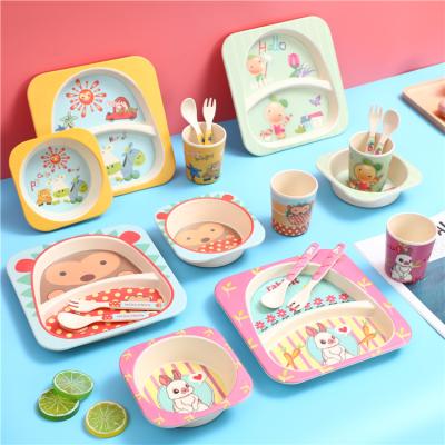 China 5Pcs Disposable Eco-Friendly Bamboo Fiber BPA Free Kids Picnic Dinner Cartoon Shape Dinnerware Sets for sale