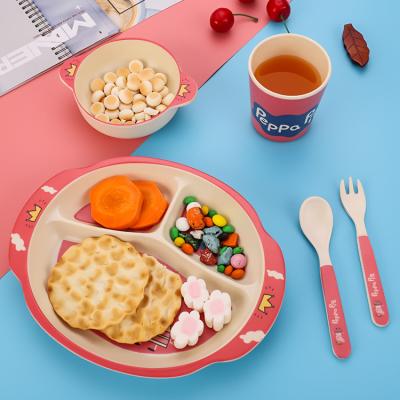 China Hot Selling Disposable 5 Piece Set CartoonFood Grade Dinner Dish Bowl Bamboo Fiber Children's Cutlery Set for sale