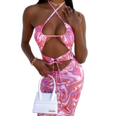 China Anti-wrinkle New Design Professional Party Clubwear Fits Chiffon Print V-Neck Spaghetti Straps Package Hip Sleeveless Dress for sale