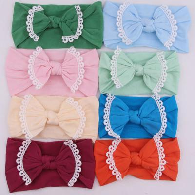 China New popular cute wide soft nylon children headbands sharpening lace trim nylon bow head wraps head wear turban babies nylon hair accessories for sale