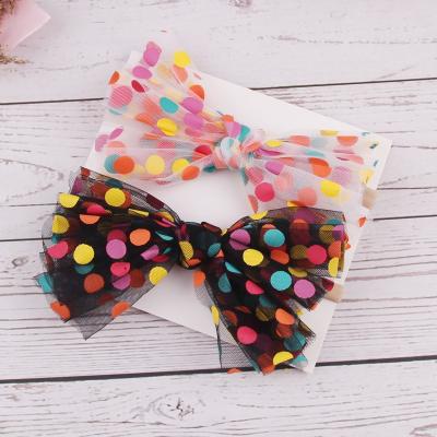 China New Fancy Colorful Princess Kids Hair Accessories Girls Mesh Bow Nylon Elastic Hairband DOT Daisy Glitter Lace Bow Summer Hairband for sale