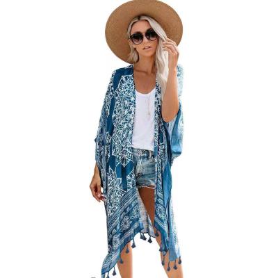 China 2021 European and American women's beach sportswear printed tassel cardigan coat casual viable women for sale