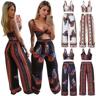 China QUICK DRY Top + Straight-Leg QUICK DRY Women's Beach Casual Sling Suit Printed Pants 2 Piece Set for sale