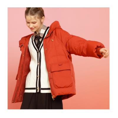 China New waterproof winter red hooded down jacket women's white duck down jacket retro warm sense of design for sale