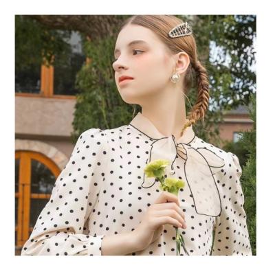 China Anti-wrinkle patchwork collar lace up button bubble sleeve dot print backing collar women's top spring and autumn style the new for sale