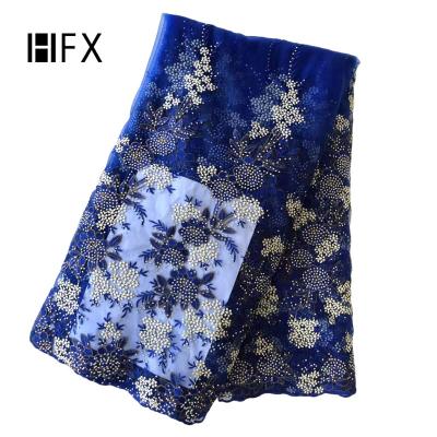 China Newest Nigeria Mesh Lace Embroidered Royal Blue Latest Viable HFX African Net Lace Fabric For Lady for sale