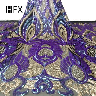 China HFX 2019 Latest Gold Tulle Lace Viable Sequin Lace Fabric French African French Dress Dress For Women for sale