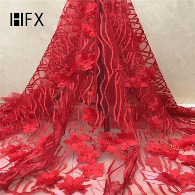 China Sustainable HFX Luxury Red 3D Flower Lace Tulle Lace African Lace Fabric With Beads for sale