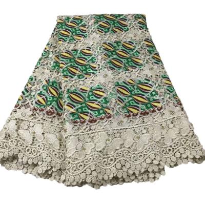 China Viable Indian Ankara Lace Embroidery Guipure Gold Polyester Fashion African Wax Prints Fabric For Nigerian for sale