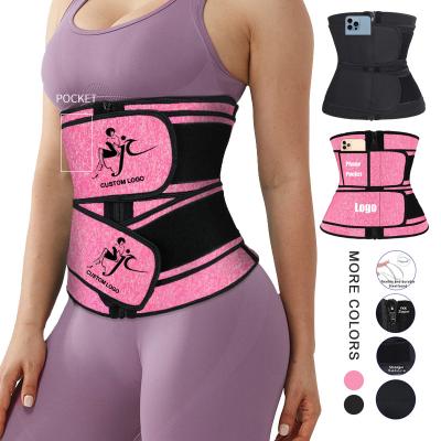 China Wholesale Custom Logo Private Label Double Belt Breathable With Phone Pouch Neoprene Slimming Corset Waist Trainer Girdle Women for sale