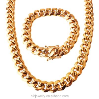 China New Hiphop Fashion Jewelry Gold Plated Cuban Chain Link Miami Gold Chain Necklace Bracelet For Men for sale