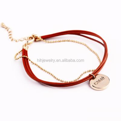 China Stainless Steel Rope Leather Bracelet With Single Round Name Plate Engraved Disc Two Layer Rope Bracelet With Charm for sale