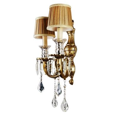 China Modern European Exquisite Bathroom Bedroom Brass Crystal Mounted Double Wall Light Sconce With Fabric Shade Vintage Lighting Fixture for sale