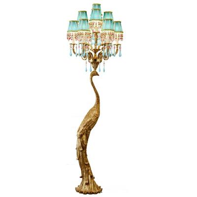 China Brass and Crystal Tall Decorative Peacock Standing French Bedside with Lampshade Green European French Style Luxury Fabric Floor Lamps for sale