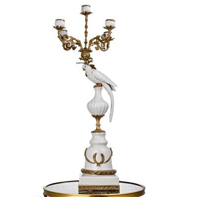 China Handcrafted Antique European Style Pigeon Candelabra Vintage White Ceramic Copper And Porcelain And Bell Base 5 Arms Decorating Candle Holder for sale