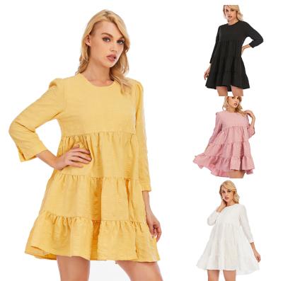 China Anti-wrinkle Women Summer Tunic Dress V-neck Flowy Casual Loose Relief Team Dresses for sale