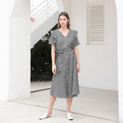 China Black And White Casual Short Sleeve Plaid V-neck Midi Anti-wrinkle Midi Dress Gingham One-Line Gingham Dresses for sale