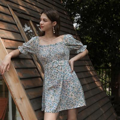 China Fashion Women's Summer Style Anti-Static Loose Casual Dresses Short Square Collar Daisy Floral Knot Dress for sale