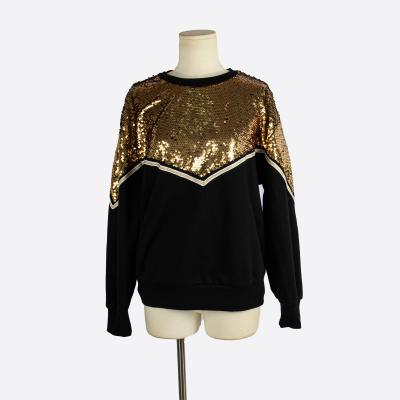 China Custom Anti-wrinkle Sequin Drop Shoulder Colorblock Gold Sweatshirt Casual High Quality Women for sale