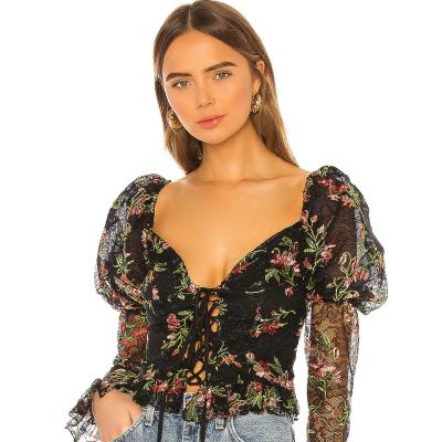 China QUICK DRY Long Sleeve Women Black Blouses Ladies Floral Print V-Neck Lace Crop Top Casual Shirts for sale