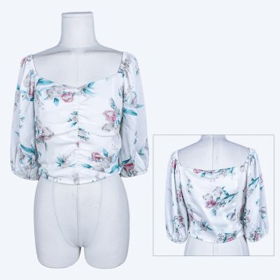 China Summer Elegant Cute Short Square Casual Crop Women Sleeve Floral Print Anti-wrinkle Anti-wrinkle Collar Shirts Top Blouse for sale