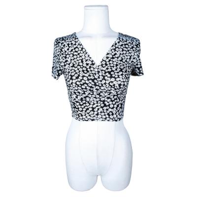 China OEM Breathable Custom All Over Print Blouses T Shirt Women Floral Print Surplice Neck Crop Top T-Shirt for sale