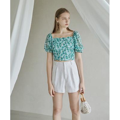 China 2020 Hot Selling Products Green Flower Smocked Women Blouses Top Anti-pilling Blouse for sale