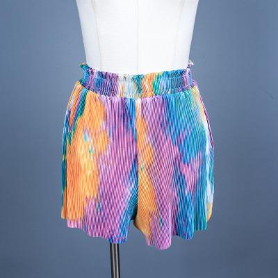 China Summer Breathable New Fashion Casual Pleated Colorful Tie Dye Knit Hot Women's Shorts for sale