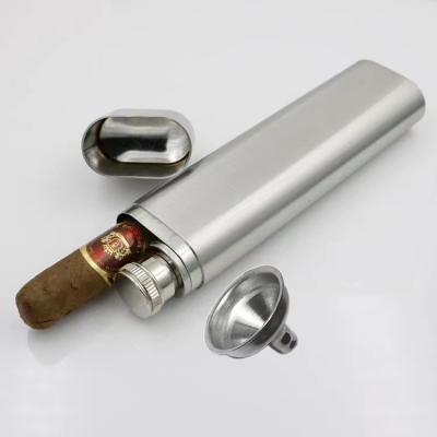 China Minimalist 2 Finger Stainless Steel Air Tight Smell Proof Metal Portable Cigar Case Tube With Hip Flask for sale