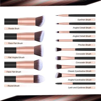 China Angular Blush Low Moq 14pcs Professional Wooden Handle Face Rose Gold Makeup Brush Set Cosmetic Brush Tool for sale