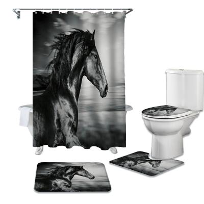 China Modern Style Fashion Horse Curtain Set Bath Mat Toilet Lid Cover Durable Polyester 4pcs Bathroom Rugs for sale