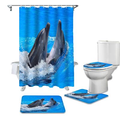 China Durable Bathroom Shower Curtain Bath Mat Toilet Lid Cover Polyester 4pcs Non-slip Cover Set With Dolphin Design for sale