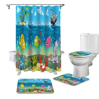 China Sustainable Sea World Shower Curtain Set Bathroom Shower Curtain Bath Mat Toilet Lid Cover Polyester 4pcs Non-slip Bath Set Sea World for sale