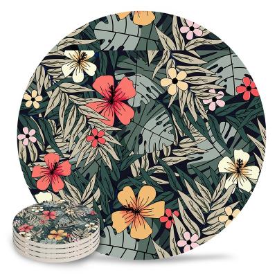 China Leaf and flower print kitchen table coaster 4pcs sustainable round strong absorbent creamic coaster set for kinds of cups for sale