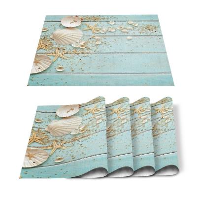 China Viable Sky Blue Background Wood Shells And Starfish Printed Placemat Table Mat Cotton Linen Table Mat For Kitchen Dining Room for sale