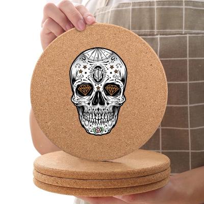 China Modern Viable Design Unique Custom Skulls Printing Cork Teacup Coaster Round Shape Cork Coaster Set For Living Room Decor for sale