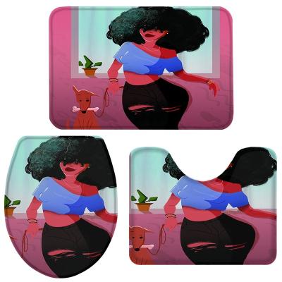 China Cool Girl and Viable Afro Dog Printing Non-slip Bathroom Covers Bath Mat Set Toilet Lid Cover Showroom Set for Hotel Bathroom for sale