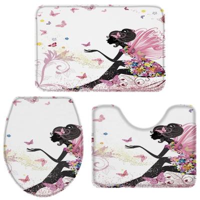 China Custom Viable Fashion Cartoon Butterfly and Girl African Landscape 3pcs Bath Mat Set Water Absorbent Toilet Lip Cover and Floor Cover Set for sale