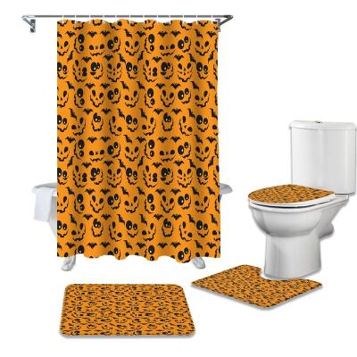 China 4 Piece Bathroom Shower Curtain And Cover Set Halloween Viable Elements Printing Waterproof 100% Polyester Toilet Lid Cover Bath Set for sale