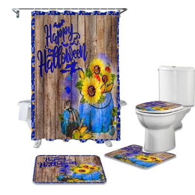 China Sustainable New Release Blue Pumpkin And Sunflower Print Shower Curtain Toilet Lid Cover Combine And Bath Cover Set For Bathroom Decor for sale