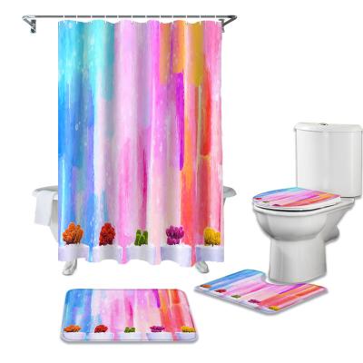 China Wholesale Viable Rainbow Color Custom Bathroom Curtain Fancy Shower Curtain With 3pcs Bathroom Mat for sale